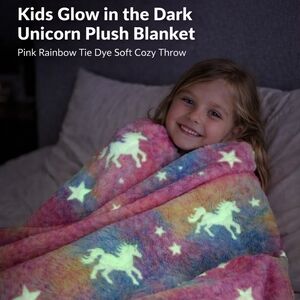 #4001 Glow-in-the-Dark Unicorn Plush Tie-Dye Throw - Pink Rainbow